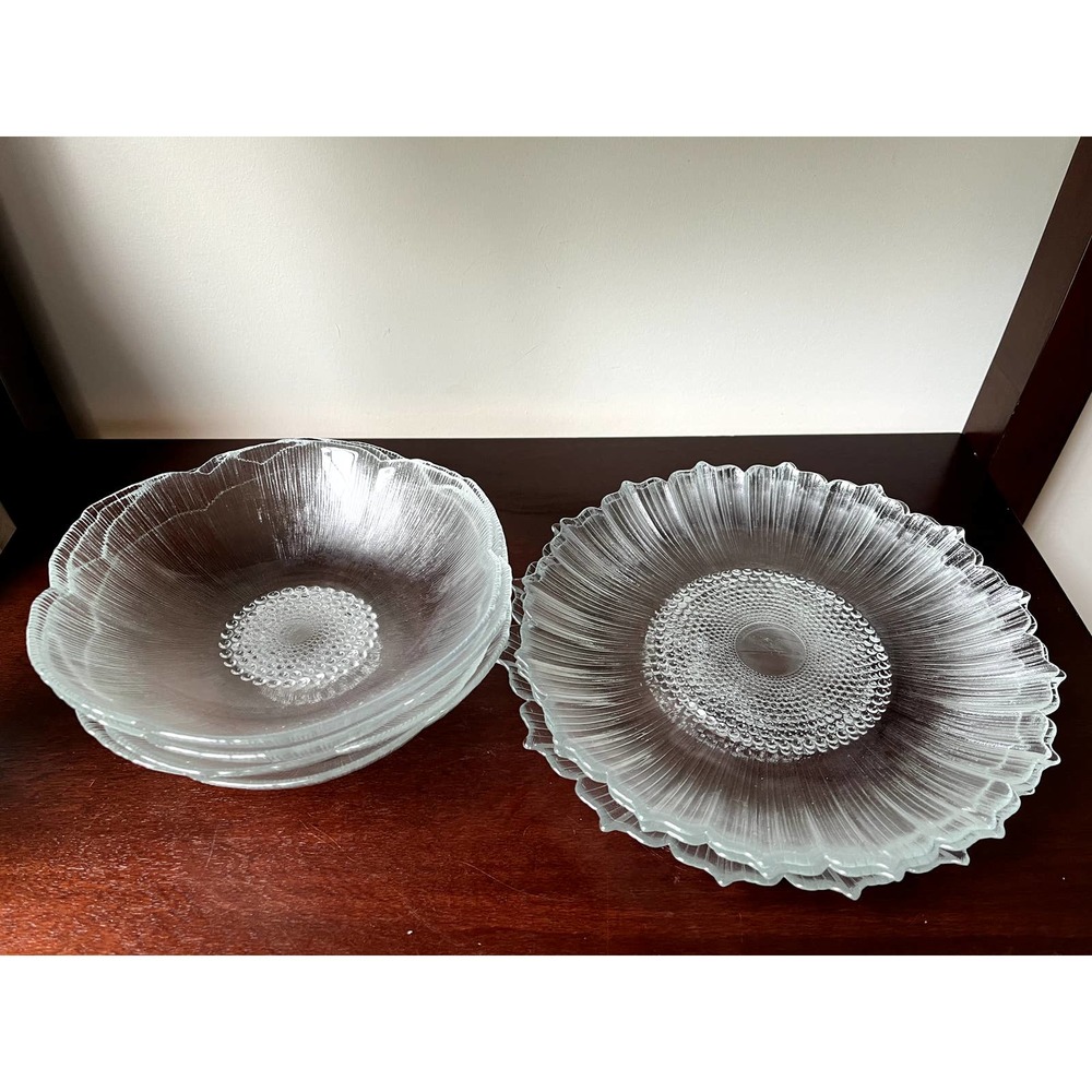 4-Serving Glass Salad Plate and Bowl Set Raised Floral Print Hobnail Unbranded